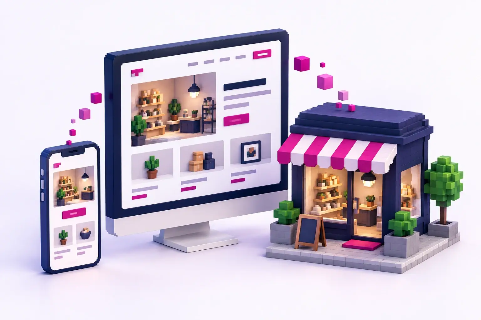 Pixelillustration mit Unternehmenswebsite, Smartphone und lokalem Geschäft