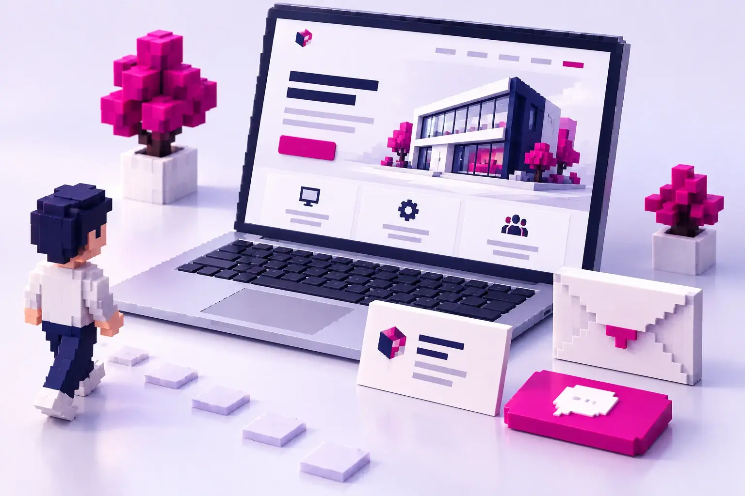 Pixelillustration mit Laptop, Unternehmenswebsite, Visitenkarte und Kontaktumschlag