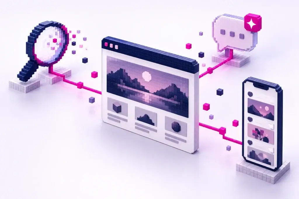 Pixelillustration mit Website, Suchlupe, KI-Sprechblase und vernetztem Smartphone