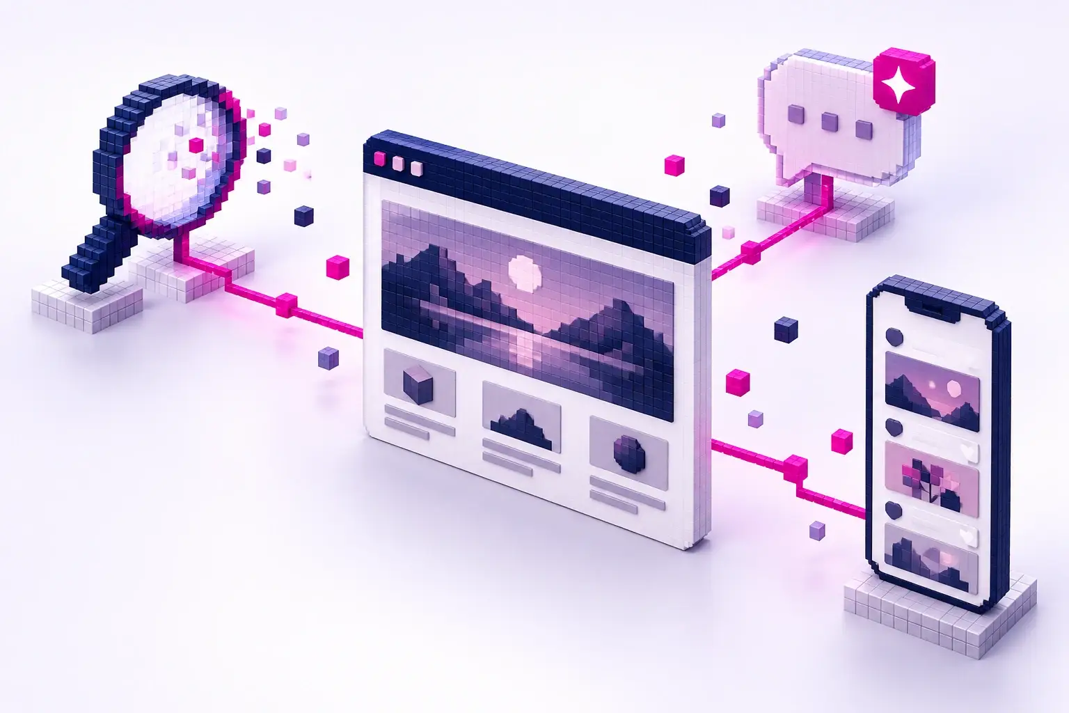 Pixelillustration mit Website, Suchlupe, KI-Sprechblase und vernetztem Smartphone