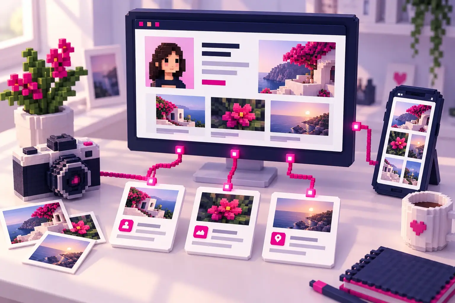 Pixelillustration mit Kamera, Inhaltskarten, Website und Smartphone als verbundenem Markenauftritt
