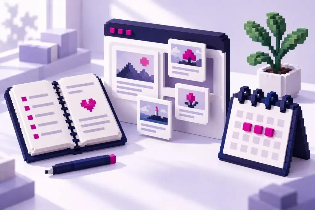Pixelillustration mit Redaktionskalender, Notizbuch und neuen Website-Inhalten