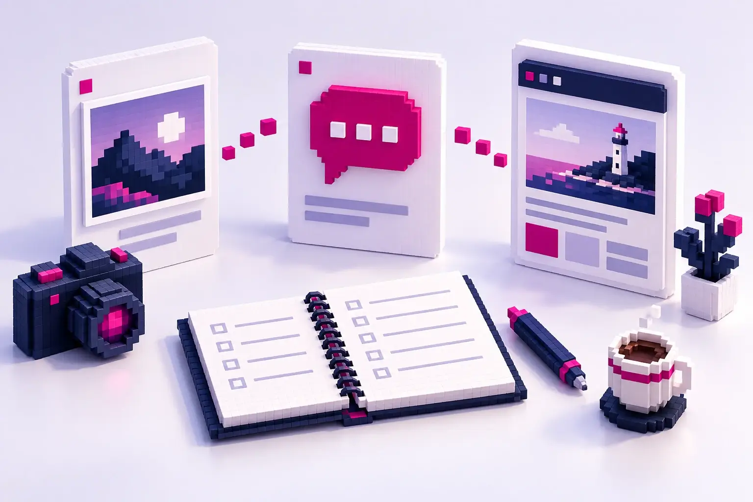 Pixelillustration mit offenem Notizbuch und drei Karten für Projekte, Kundenfragen und Website-Inhalte