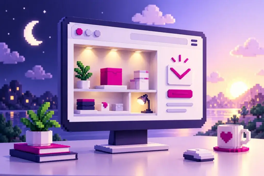 Beleuchtetes digitales Schaufenster als Symbol für eine Website, die Tag und Nacht informiert