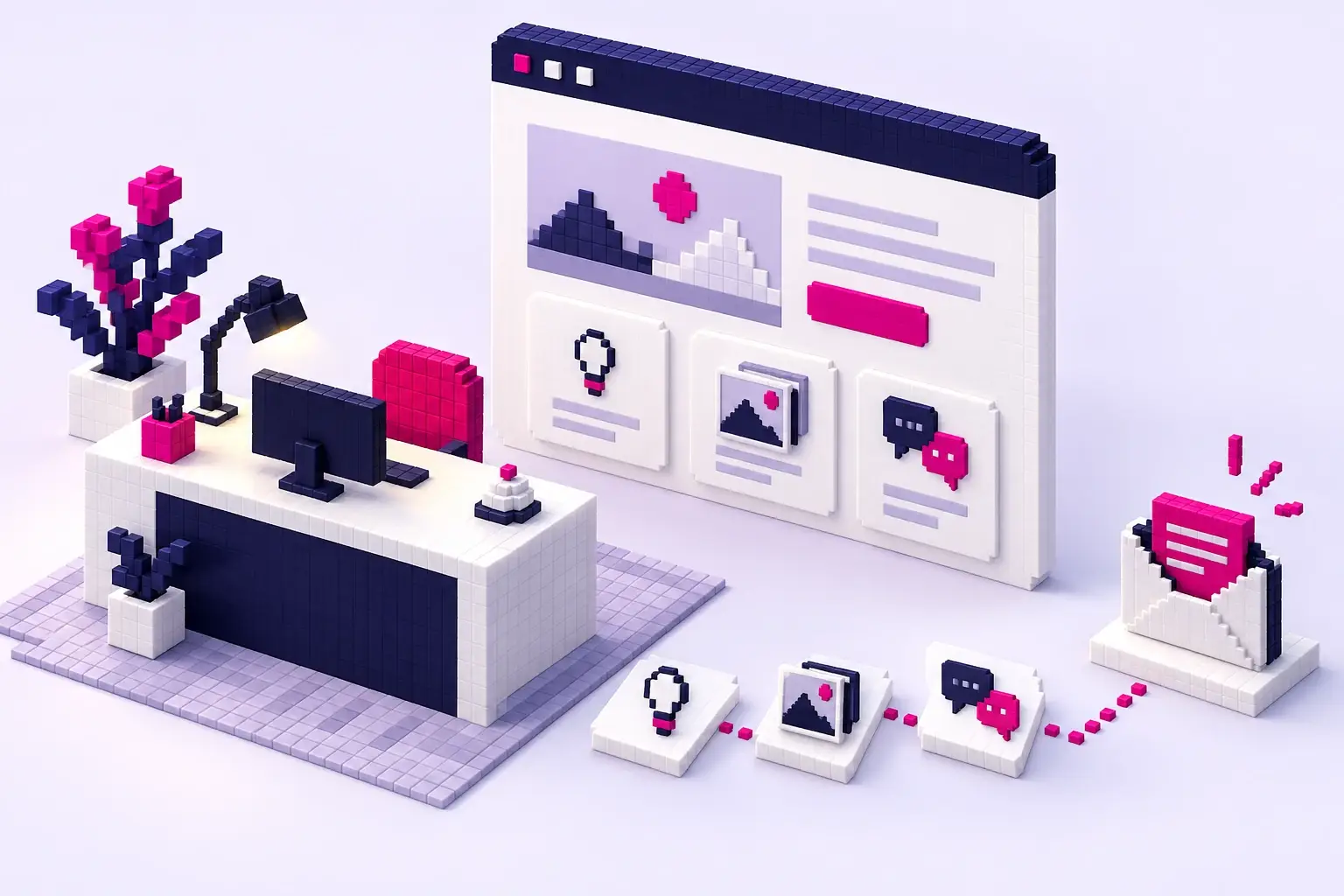 Pixelillustration mit Beratungsplatz, Website und Symbolen für Informationen, Arbeitsbeispiele und Anfragen