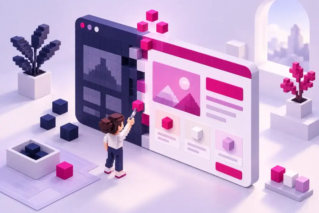 Pixelillustration einer Website, deren alte Bausteine behutsam modernisiert werden