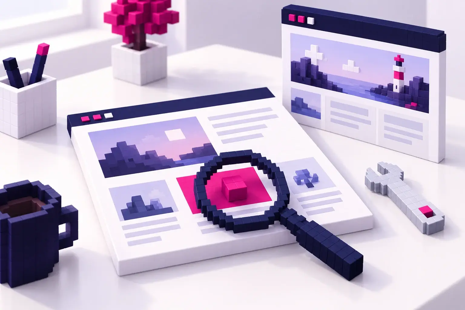 Pixelillustration einer Website-Prüfung mit Lupe, Inhaltsbausteinen und Werkzeug