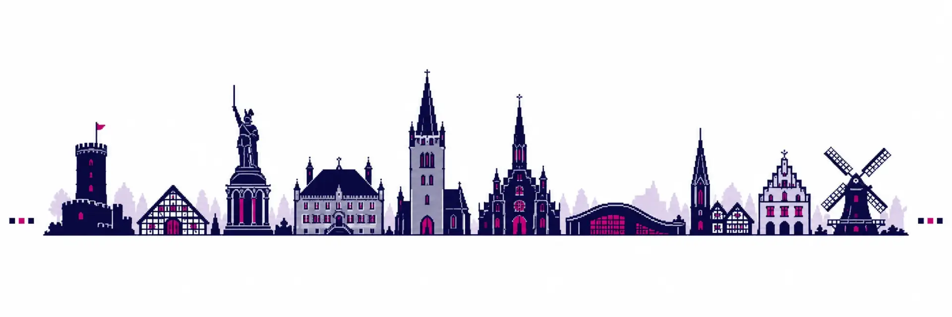 Stilisierte Pixel-Silhouette mit ausgewählten Wahrzeichen der Region