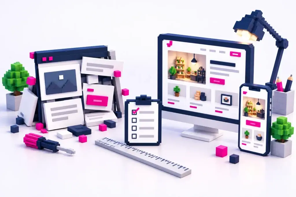 3D-Pixelillustration: Lose Website-Bausteine stehen einer sorgfältig aufgebauten Website für Monitor und Smartphone gegenüber.