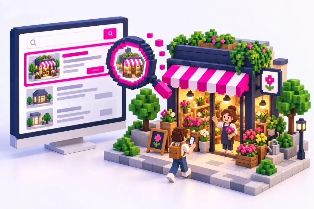 3D-Pixelillustration einer hervorgehobenen Suchanzeige und eines Blumenladens mit grünen Bäumen, warmem Licht und einem ankommenden Kunden.