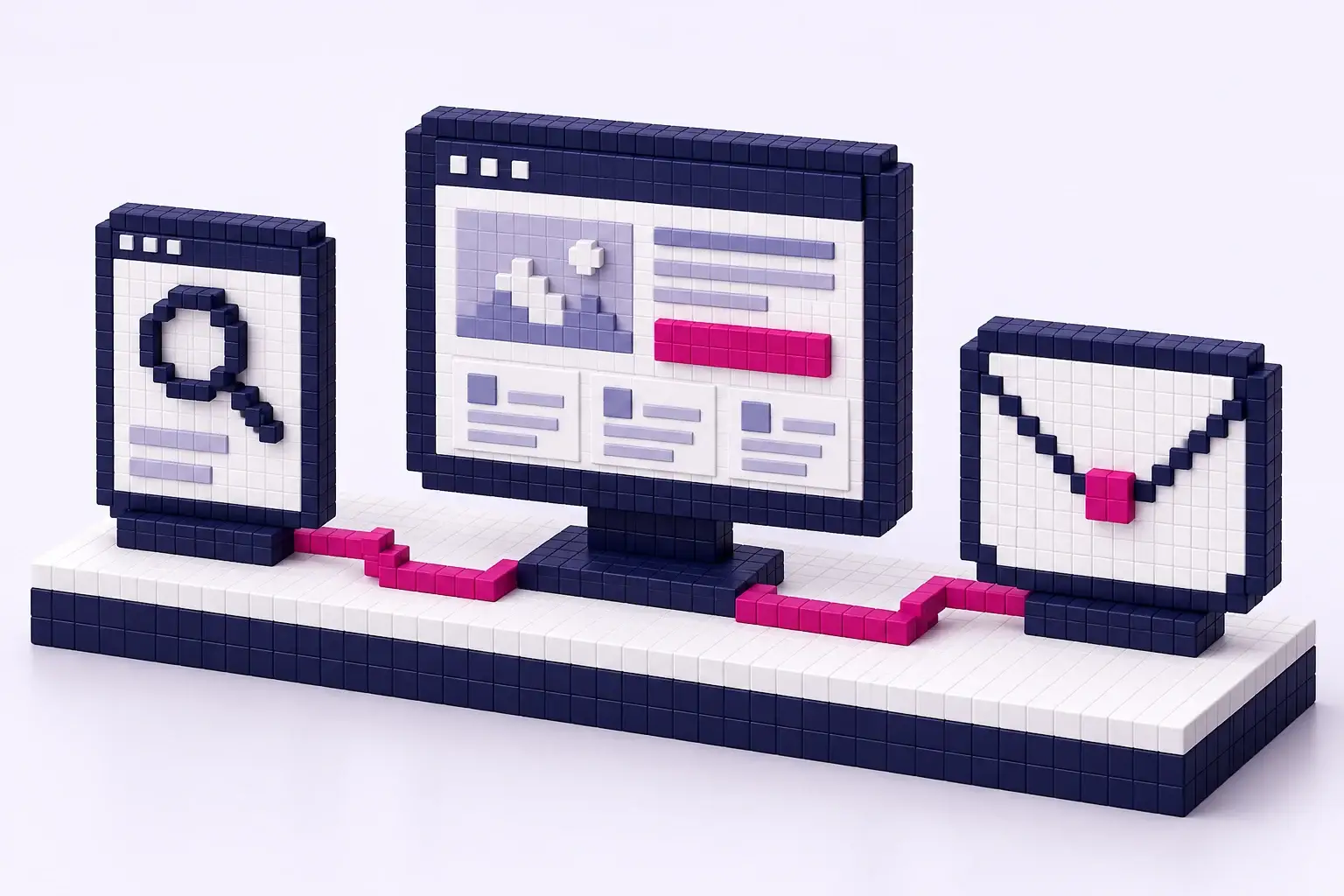 Pixelillustration des Wegs von der Suchanfrage über eine Landingpage zur Kontaktanfrage.
