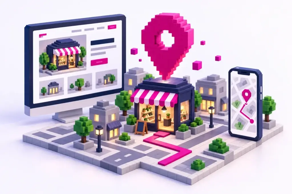 3D-Pixelillustration eines lokalen Geschäfts mit großem magentafarbenem Standortmarker, Unternehmenswebsite und Karte auf einem Smartphone.
