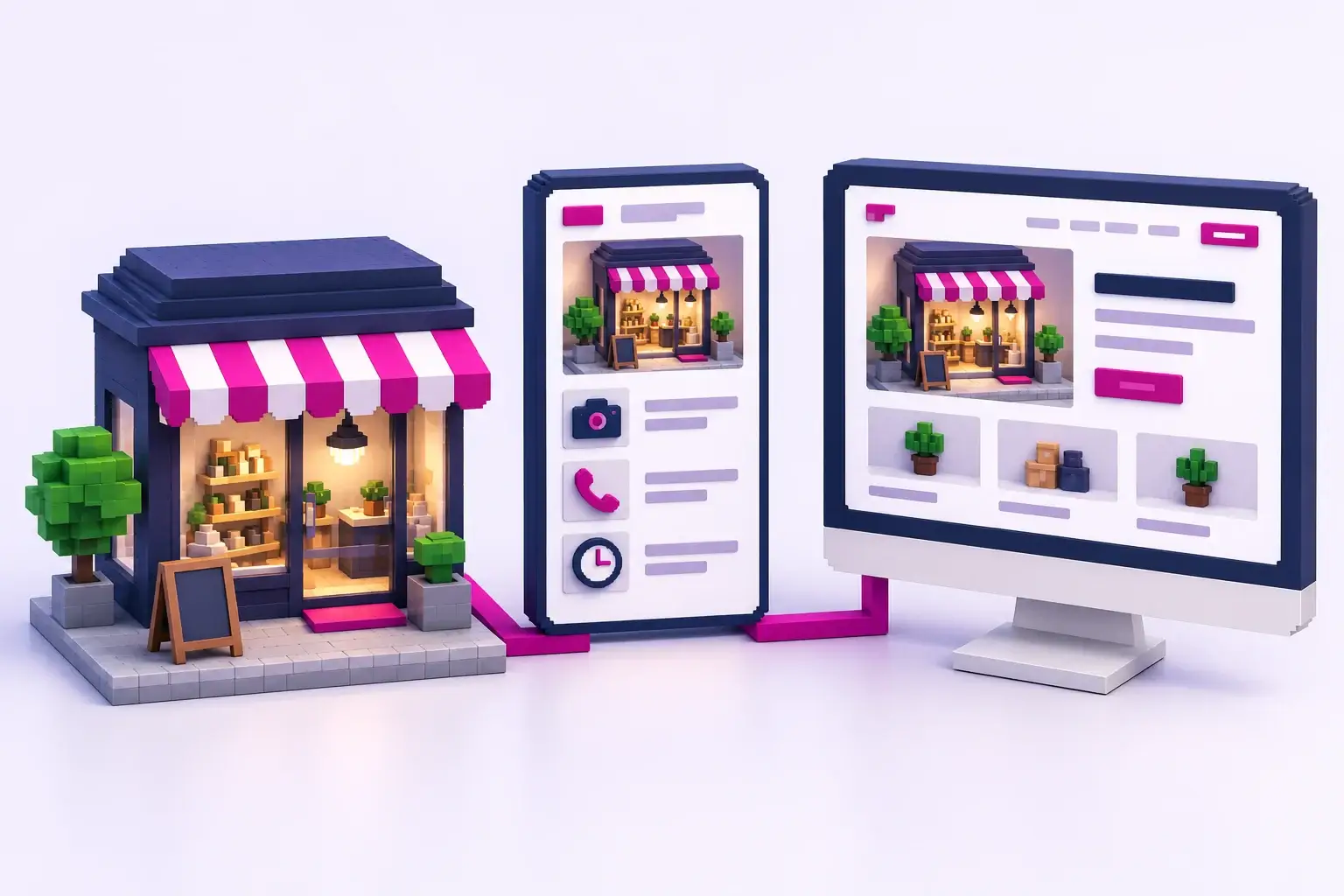 3D-Pixelillustration eines Geschäfts, das mit einem Unternehmensprofil mit Foto-, Telefon- und Uhrsymbol sowie seiner Website verbunden ist.