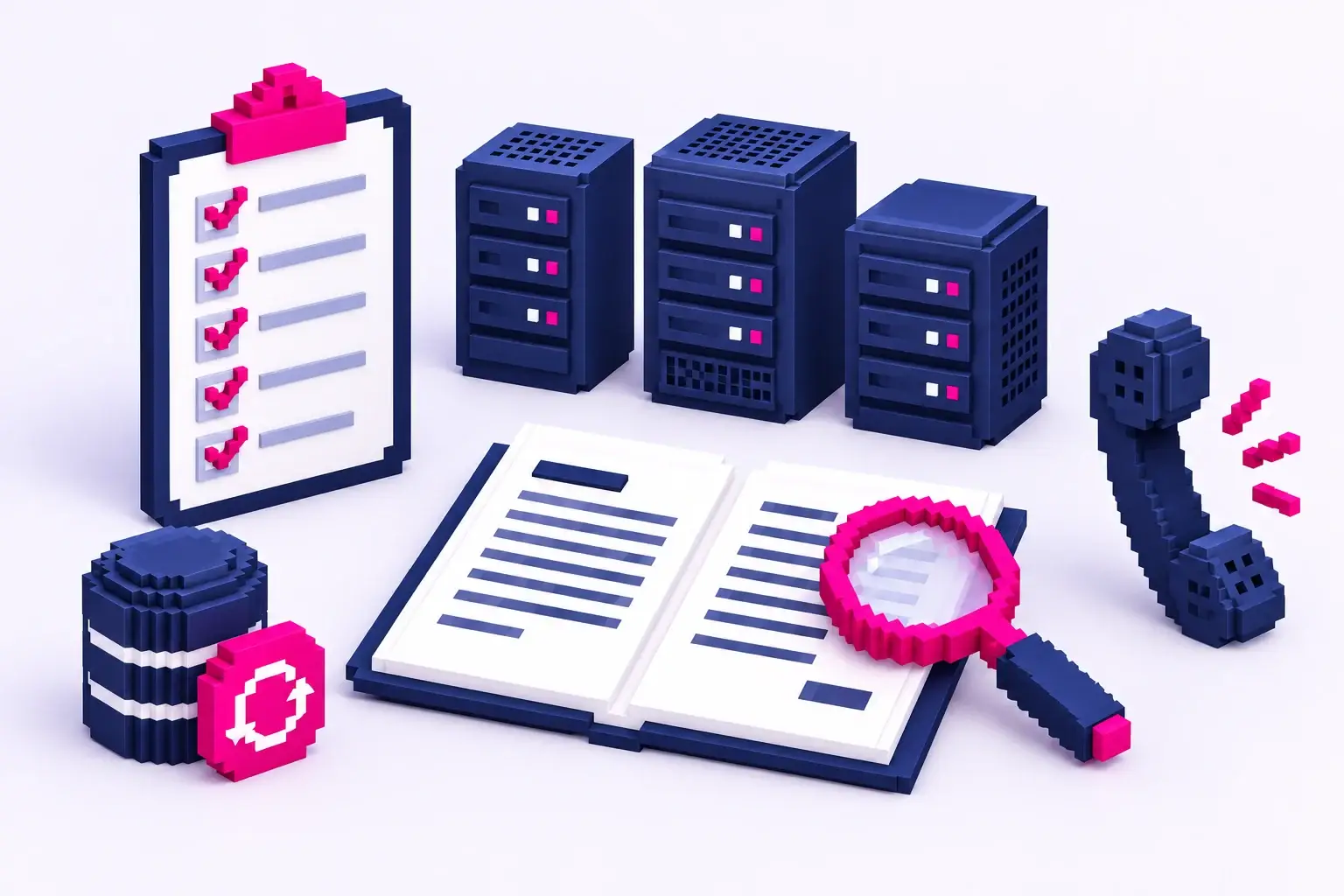 3D-Pixelillustration einer Hosterwahl mit Checkliste, Servern, Vertragsunterlagen, Lupe, Backup und Telefon.