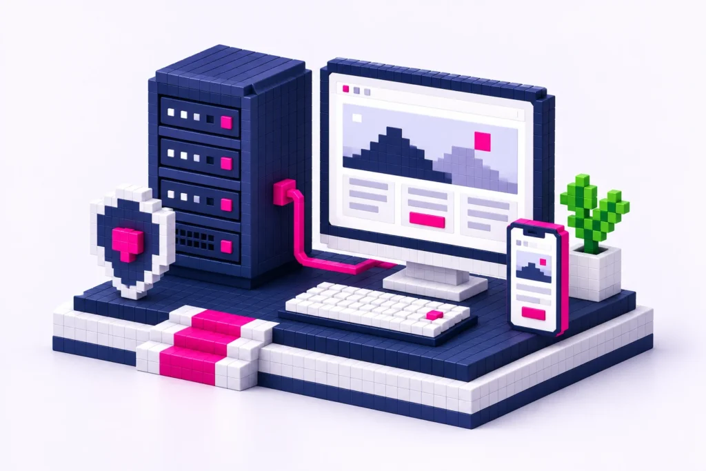 3D-Pixelillustration mit Server, Monitor, Smartphone und Schutzschild als Symbol für verlässliches Website-Hosting.