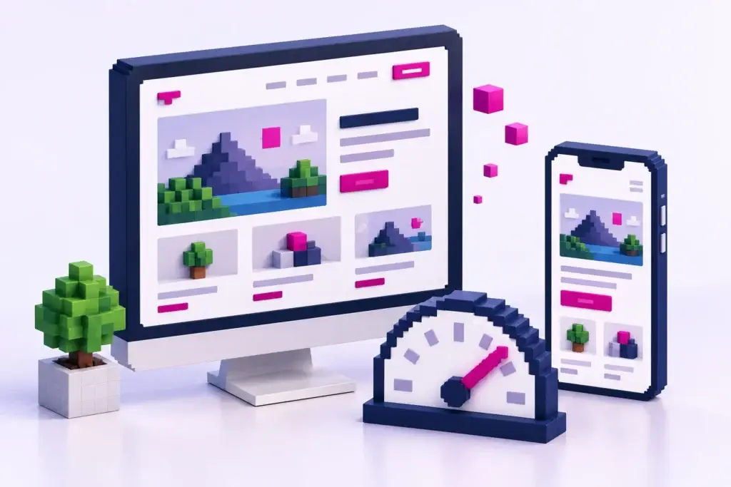Dreidimensionale Pixelillustration einer Website auf Monitor und Smartphone mit Geschwindigkeitsanzeige in Dunkelblau und Magenta.