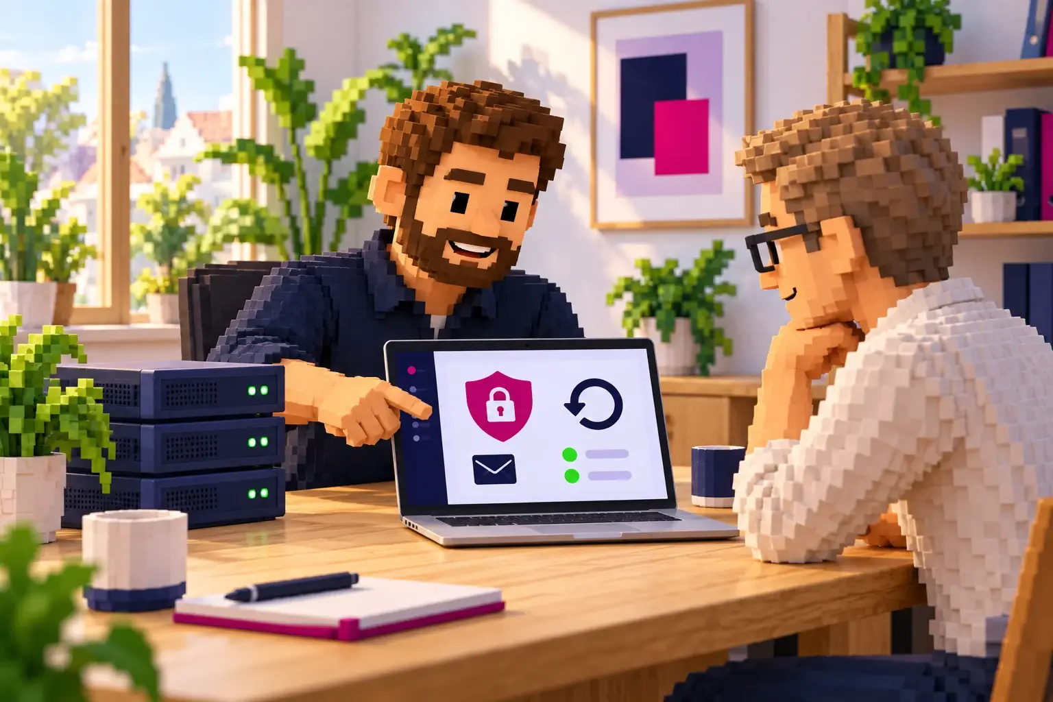 3D-Pixelillustration: Ein technischer Betreuer erklärt einem Unternehmer am Laptop Hosting, Backups, Sicherheit und E-Mail.