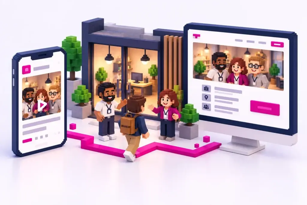 3D-Pixelillustration eines Teams vor seinem Arbeitsplatz, verbunden mit einem Social-Media-Beitrag auf einem Smartphone und einer Job-Landingpage.