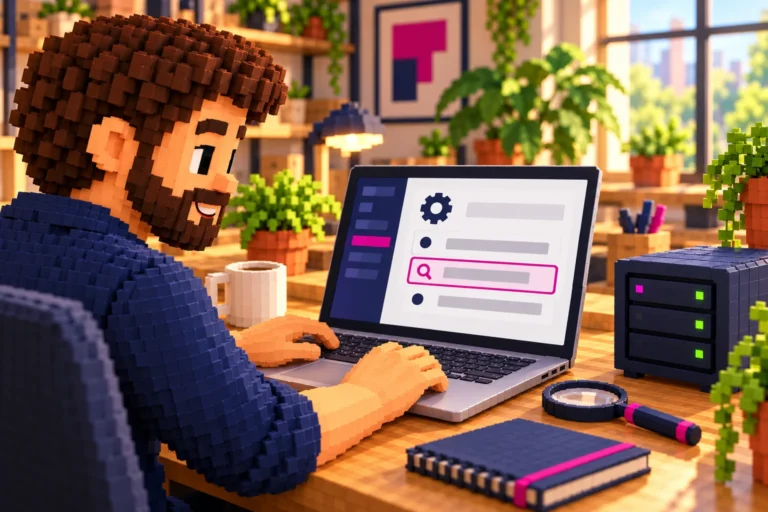 3D-Pixelillustration: Ein Webdesigner prüft am Laptop die Serverinformationen einer Website.