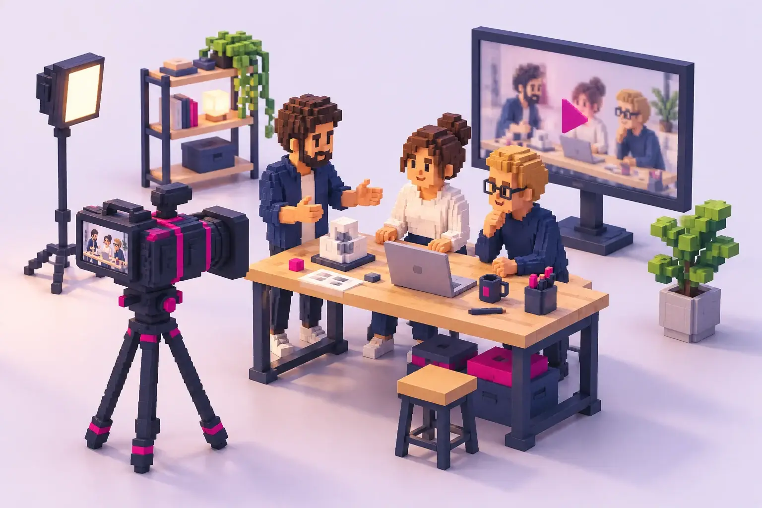 3D-Pixelillustration: Eine Filmkamera nimmt drei Teammitglieder bei der gemeinsamen Arbeit auf.