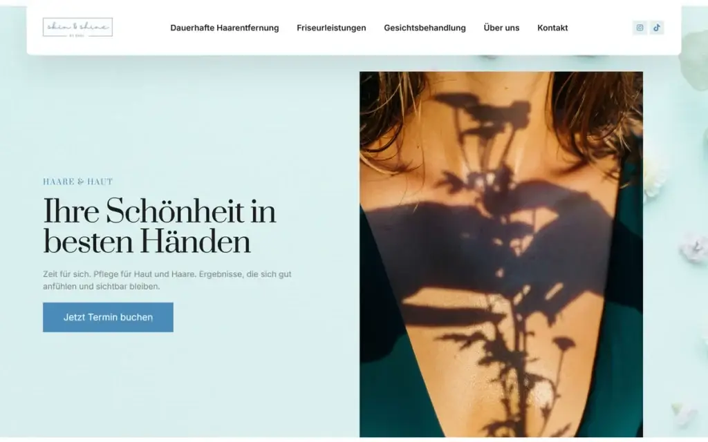 Startseitenansicht der Friseur- und Beauty-Website von Skin & Shine Sindelfingen