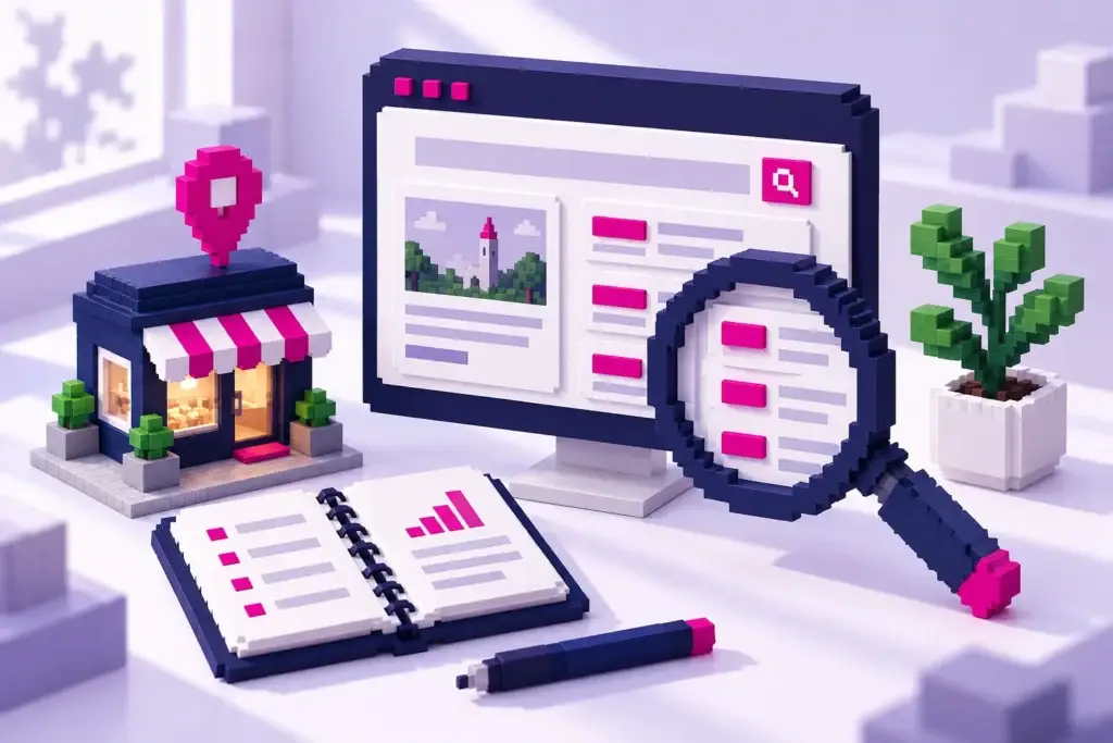 Dreidimensionale Pixelillustration mit Lupe, Suchergebnissen, lokalem Geschäft und Notizbuch für die Planung von Website-Inhalten.