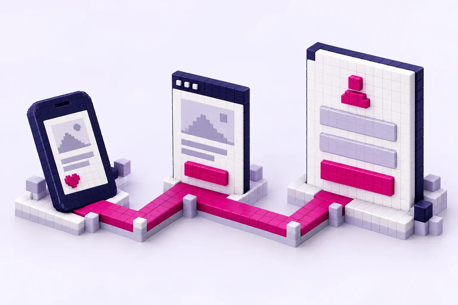Voxelillustration einer durchgängigen Verbindung von Social-Media-Beitrag über Landingpage zum Kontaktformular.