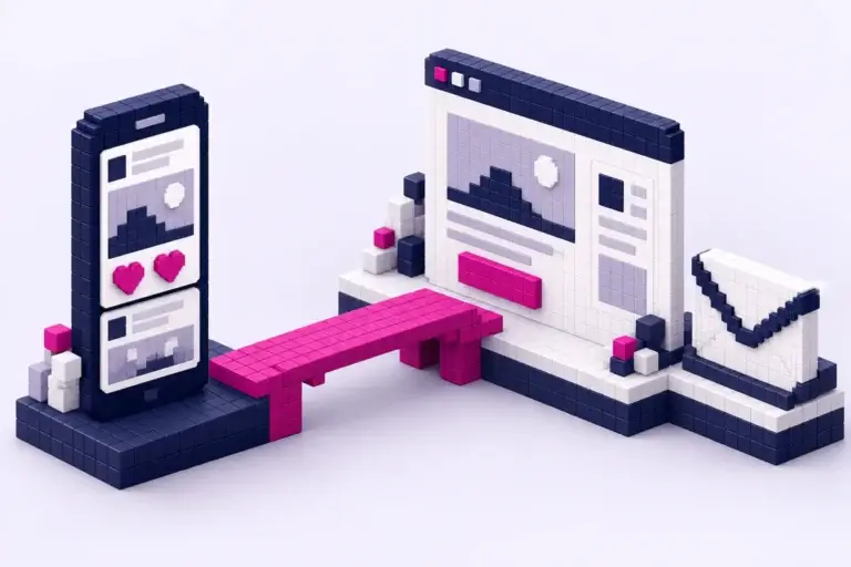 Voxelillustration eines Smartphones mit Herzsymbolen und einer Brücke zu eigener Website und Kontaktanfrage.