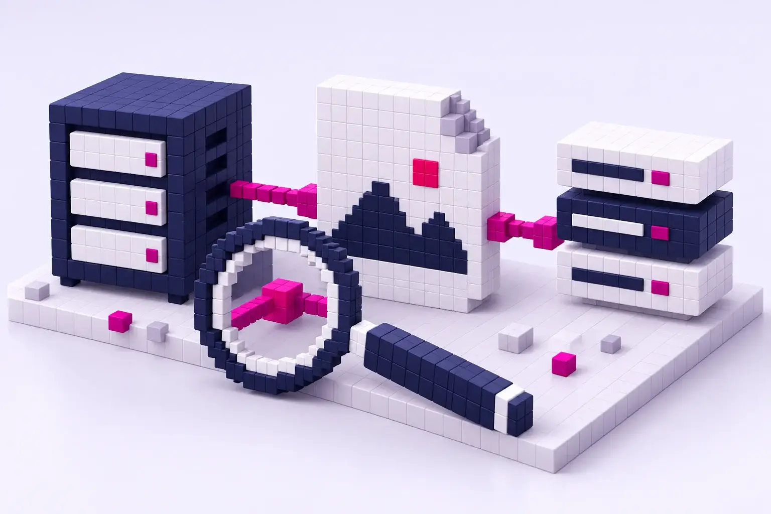 Voxelillustration von Server, Bilddatei und Skriptbausteinen mit einer Lupe zur Prüfung von Ladezeit-Engpässen.