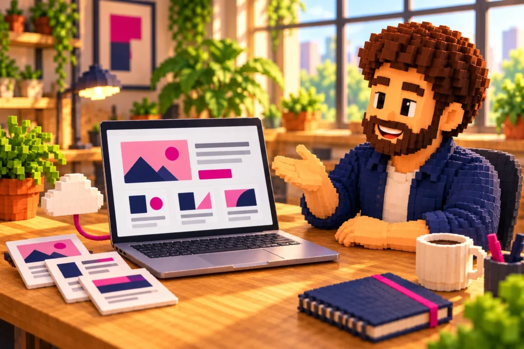 3D-Pixelillustration: Ein Webdesigner zeigt eine Firmenwebsite und fertige Webseiten, die direkt aus der Cloud ausgeliefert werden.
