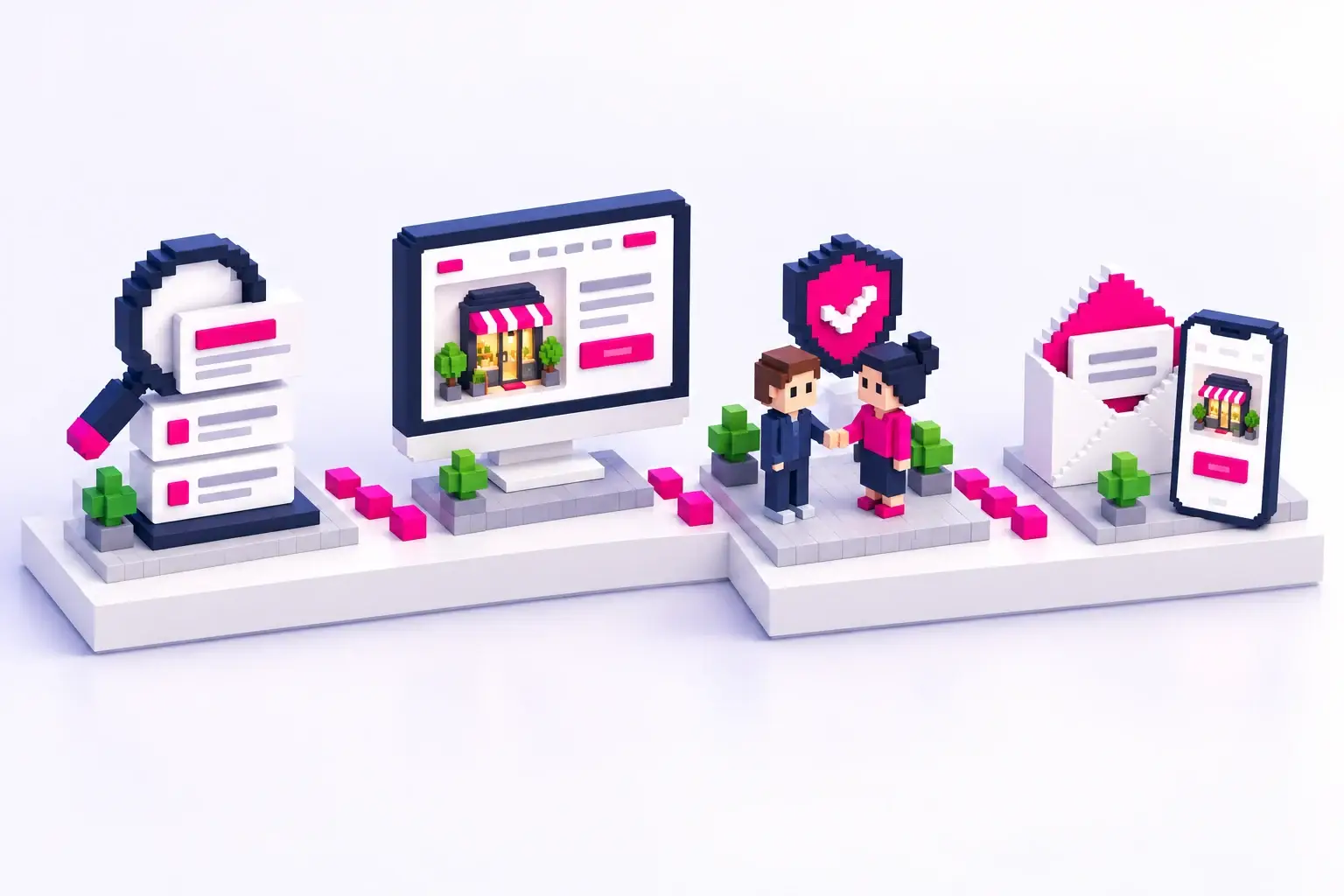 3D-Pixelillustration mit vier Stationen: Suche, Website, persönliches Vertrauen und Kontaktanfrage.
