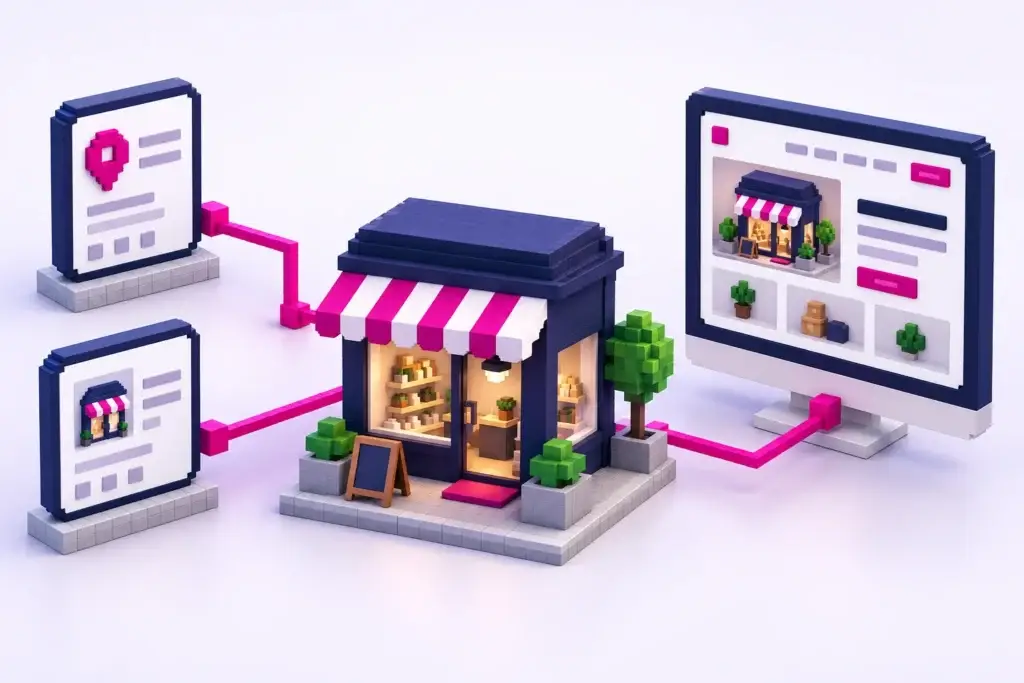 Dreidimensionale Pixelillustration eines lokalen Geschäfts, das über magentafarbene Verbindungen mit Verzeichniseinträgen und seiner Website verbunden ist.