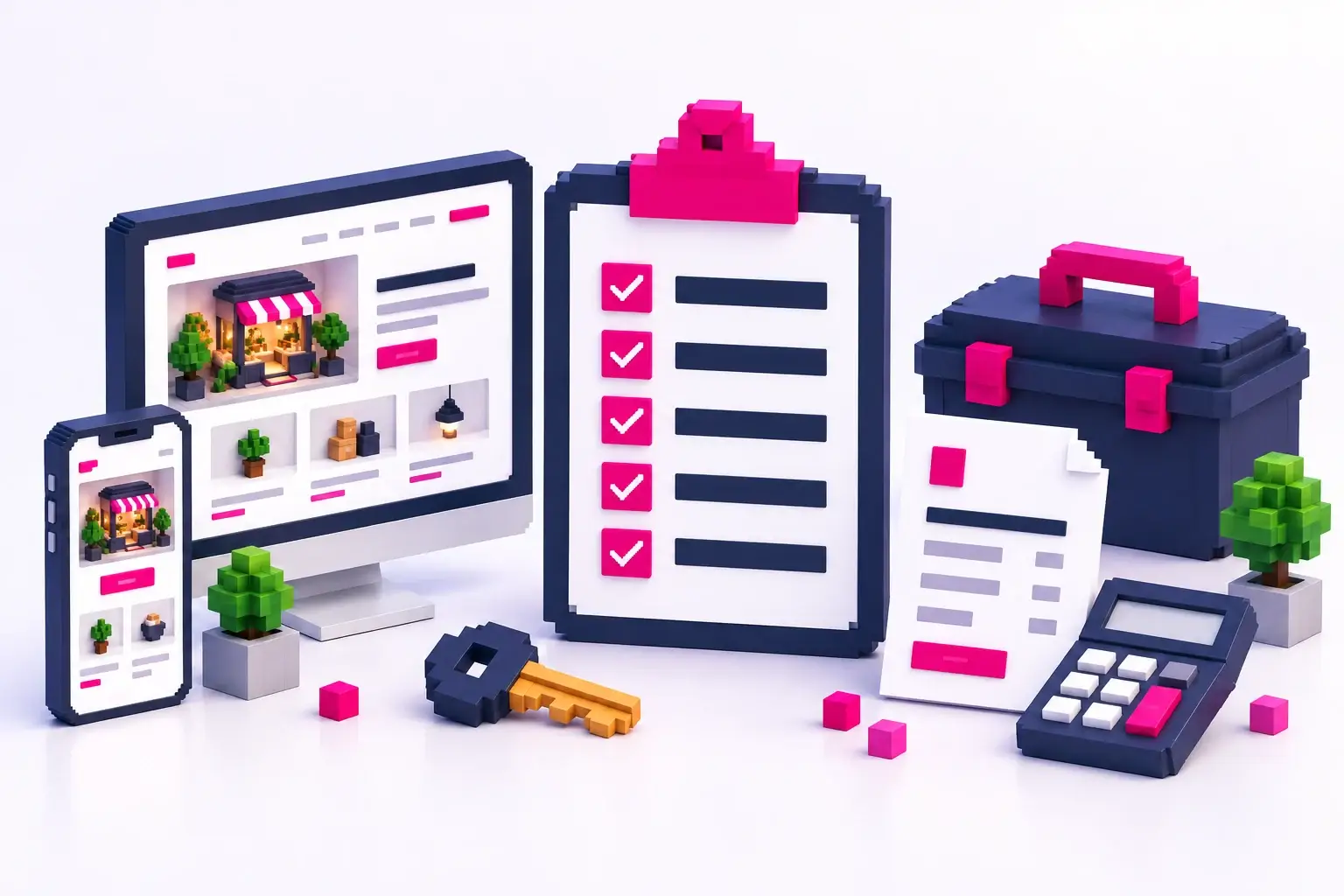 3D-Pixelillustration einer Website-Prüfung mit Checkliste, Computer, Smartphone, Schlüssel, Rechnung und Werkzeugkoffer.