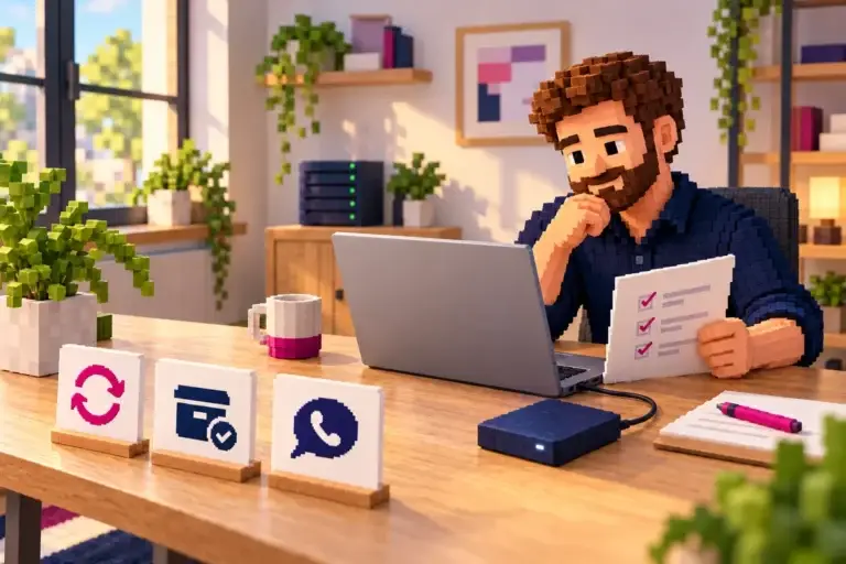 3D-Pixelillustration: Ein Webdesigner arbeitet am Laptop und prüft eine Checkliste; Symbole stehen für Updates, Backups und persönliche Hilfe.