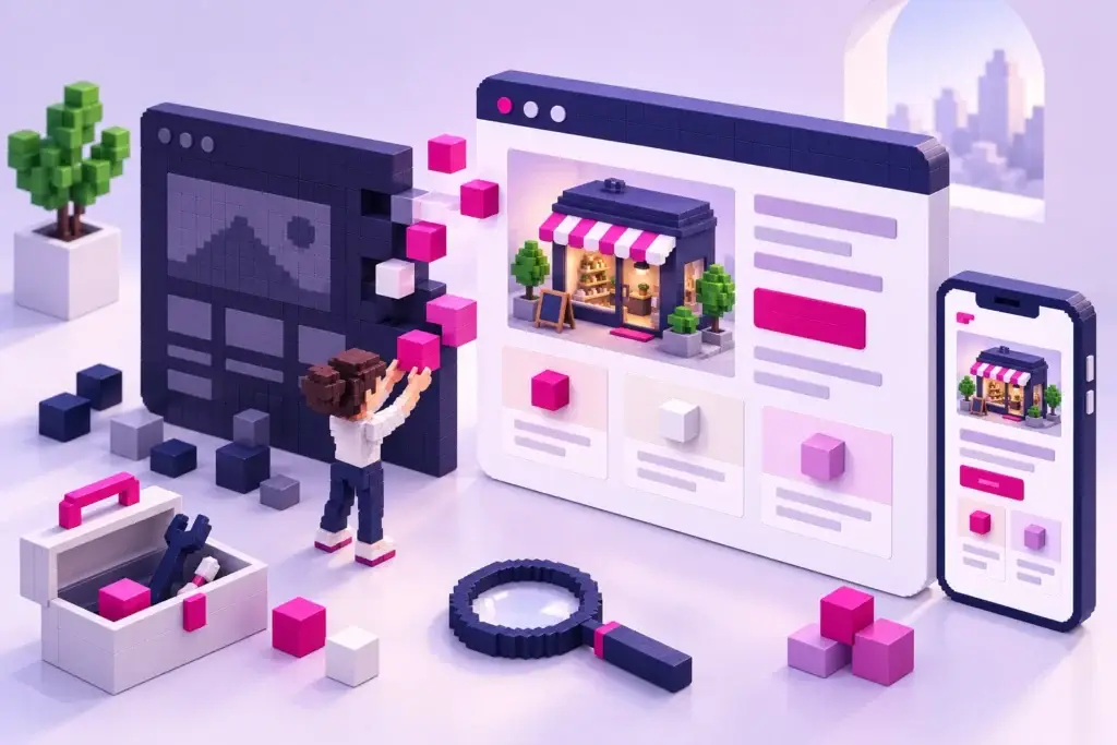 Dreidimensionale Pixelillustration eines Website-Relaunchs: Aus einer dunklen alten Seite entsteht ein heller Webauftritt für Computer und Smartphone.