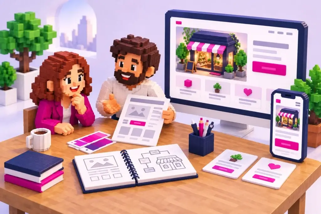 3D-Pixelillustration einer Unternehmerin und eines Webdesigners beim Relaunch-Briefing an einem Holztisch mit Seitenplan, Monitor und Smartphone.