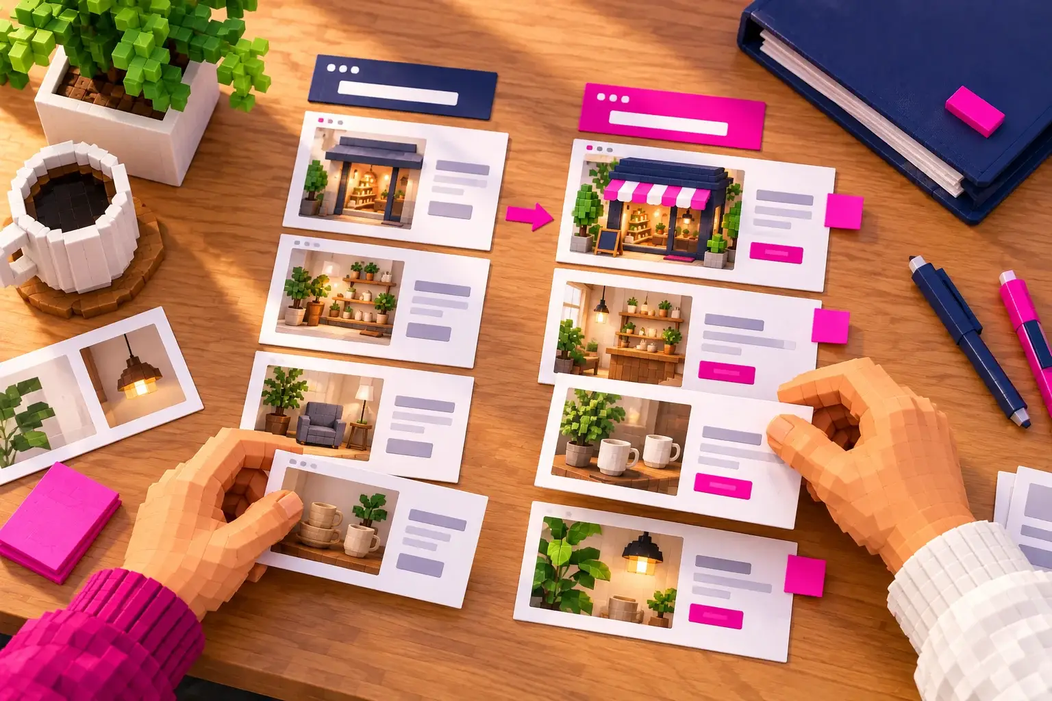 Hände ordnen Website-Inhalte mit Ladenfotos und pinken Markierungen auf einem Holztisch für die Planung eines Website-Relaunchs.