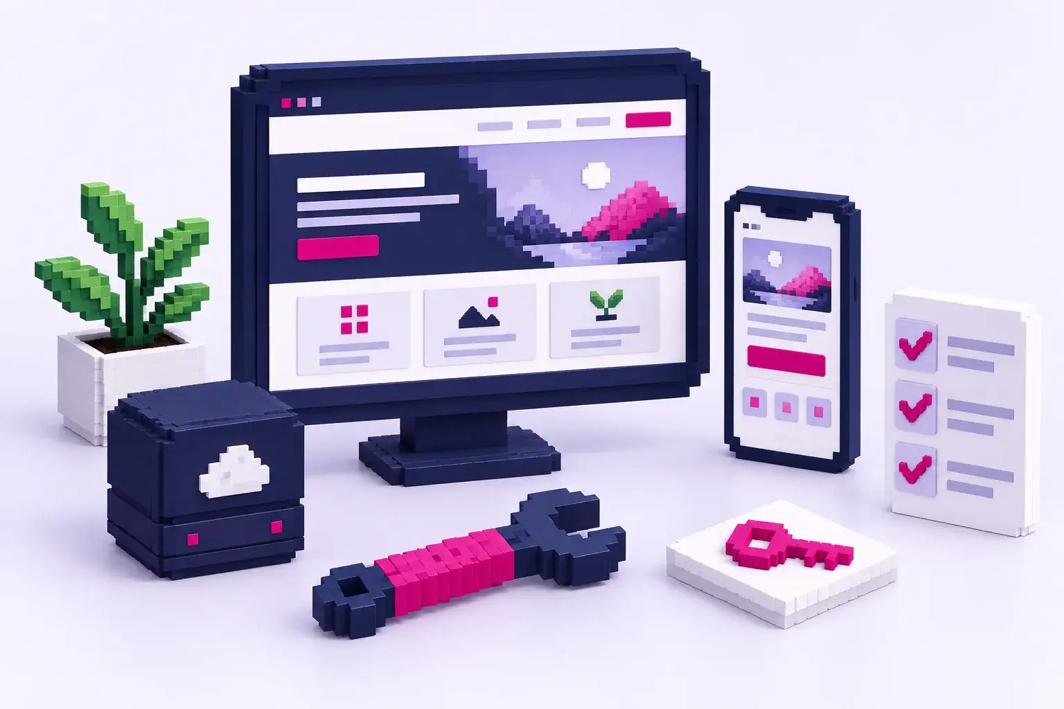 3D-Pixelillustration einer betreuten Website mit Monitor, Smartphone, Sicherung, Werkzeug und Zugangsschlüssel