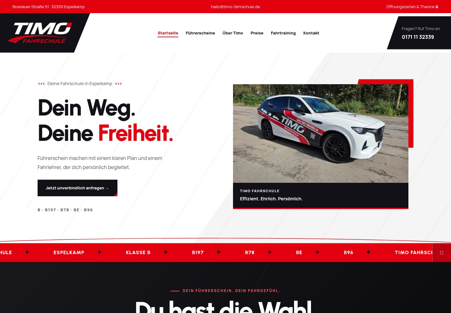 Startseite von Timo Fahrschule in Espelkamp mit Mazda CX-60 und direktem Anfragebutton.