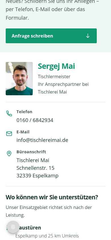 Mobile Kontaktseite der Tischlerei Mai mit Ansprechpartner Sergej Mai, Telefon und E-Mail.