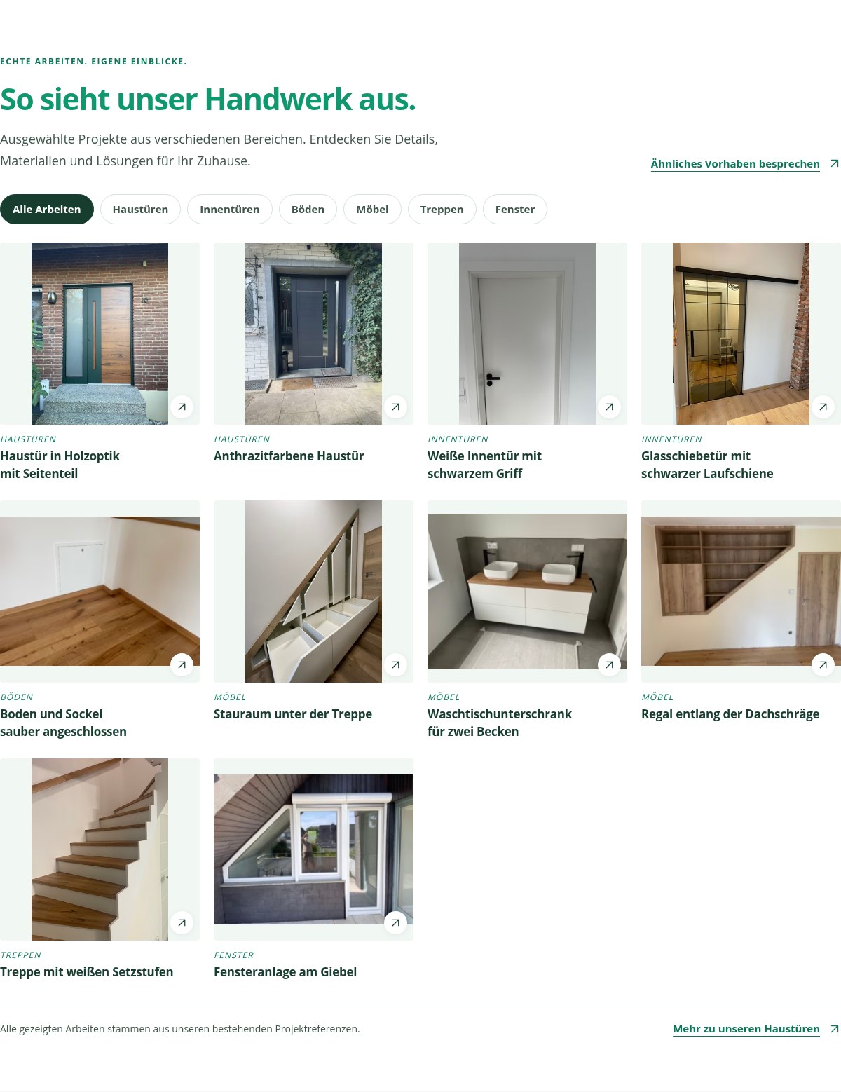 Projektgalerie der Tischlerei Mai mit Haustüren, Innentüren, Bodenanschlüssen, Möbeln, Treppe und Fensteranlage.