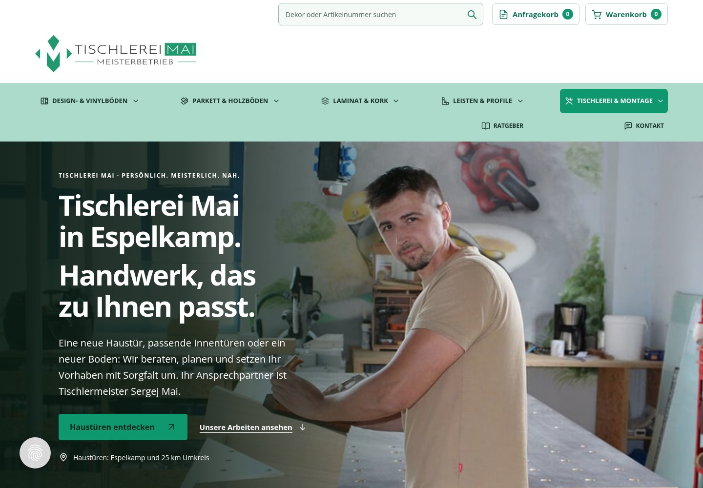Startseite der Tischlerei Mai in Espelkamp mit Tischlermeister Sergej Mai, Leistungsnavigation und Materialsuche.