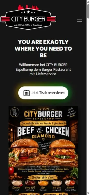 Smartphone-Ansicht der Website von City Burger Espelkamp.