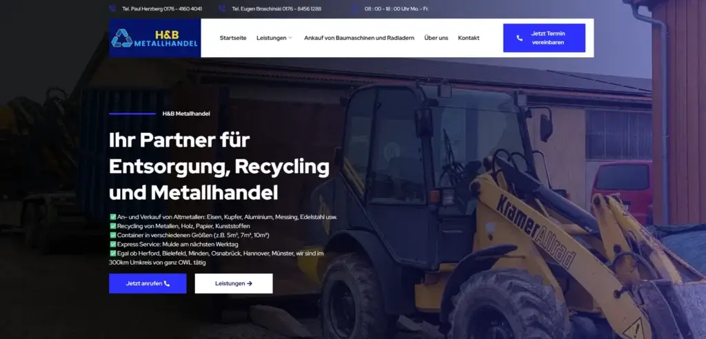 Desktopansicht der H&B-Metallhandel-Website mit der Überschrift Ihr Partner für Entsorgung, Recycling und Metallhandel