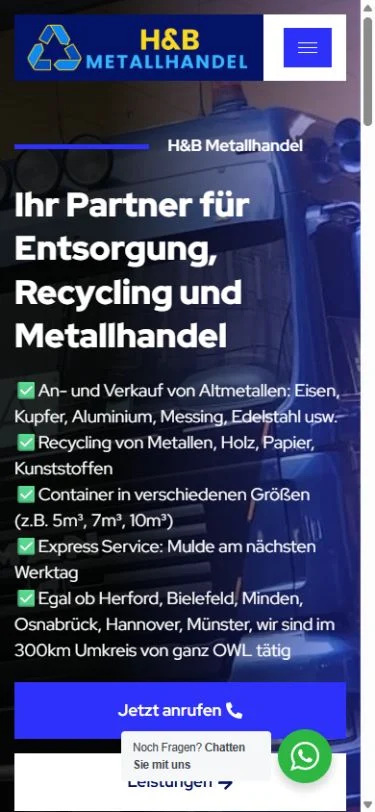 Smartphone-Ansicht der H&B-Metallhandel-Website mit Leistungsbeschreibung und direkter Anrufmöglichkeit.