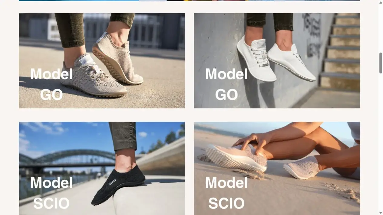 Website-Ausschnitt mit Bildkarten der Leguano-Schuhmodelle GO und SCIO.