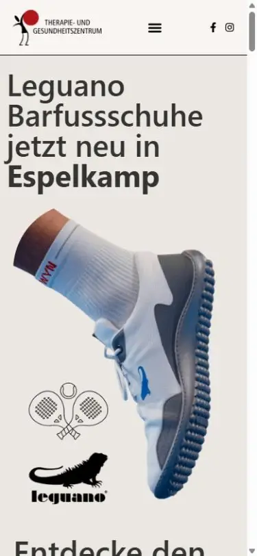 Smartphone-Ansicht der Leguano-Website in Espelkamp mit Karau-Logo und großem Schuhmotiv.