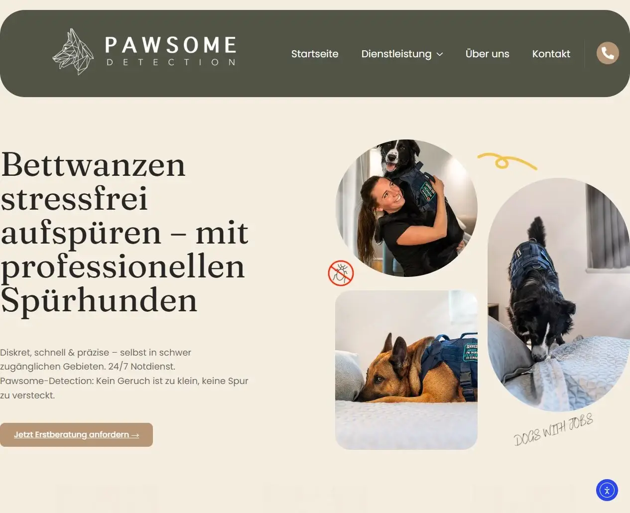 Desktopansicht der Website von Pawsome Detection.