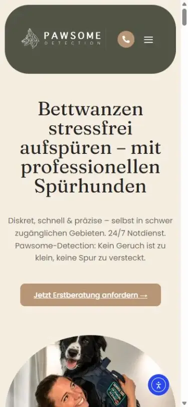 Smartphone-Ansicht der Website von Pawsome Detection.