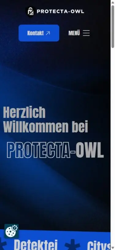 Smartphone-Ansicht der Protecta-OWL-Website mit Logo, Kontaktbutton und kompaktem Menü.